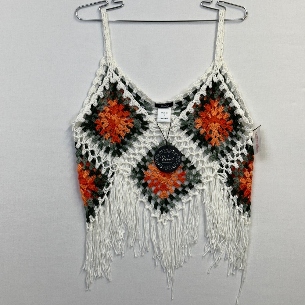 Vivid Importers NY Granny Square Crochet Fringe Tank Crop Top Womens L NWT